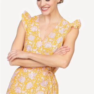 Lilla P 100% cotton gold yellow pink floral midi wrap dress small s